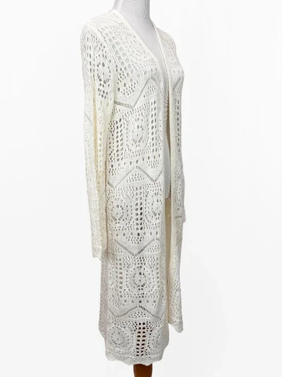 Women's Size M Open Front Crochet Openword Knit Long Cardigan Sweater - Picture 3 of 8